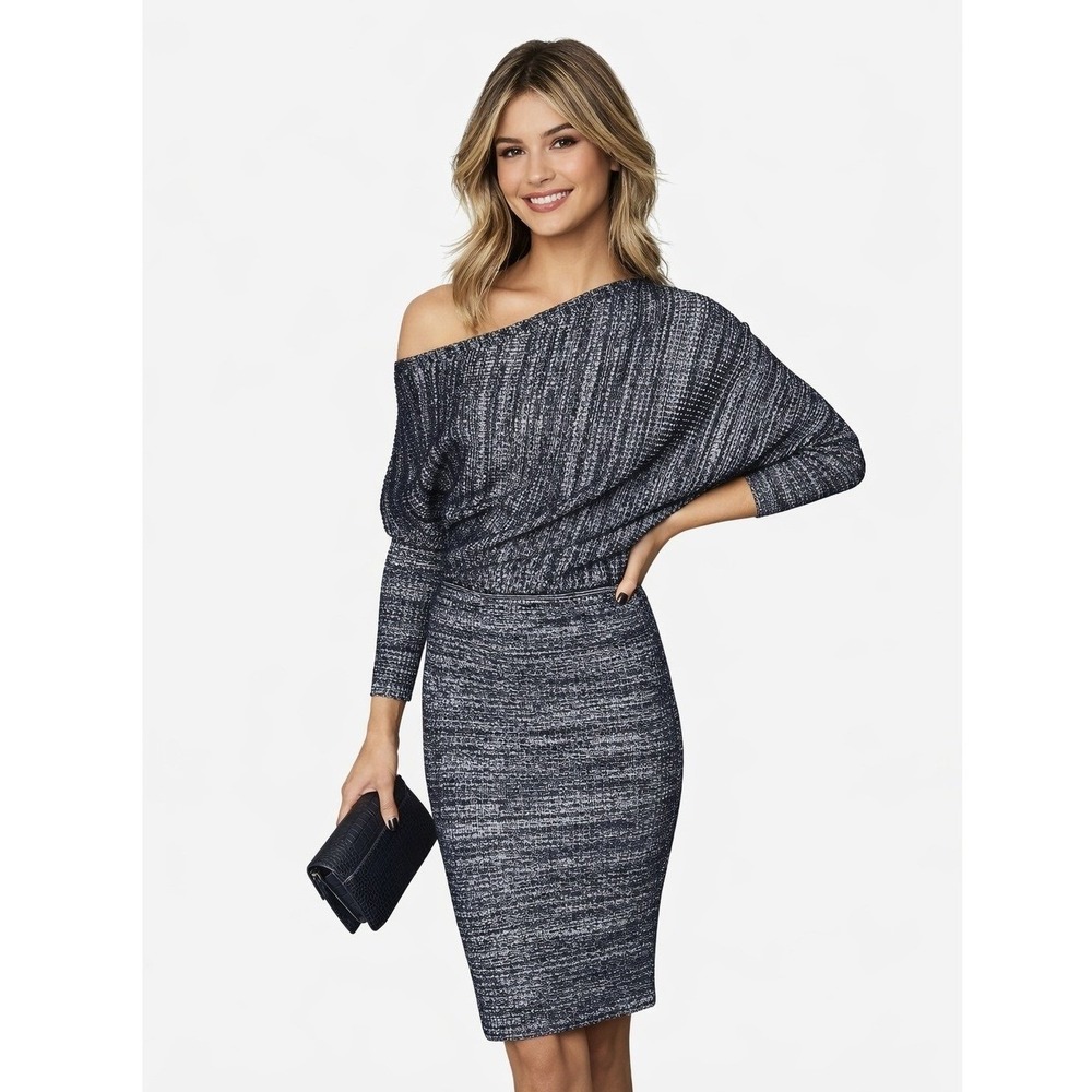 Reiss Verity Knit Sweater Party Evening Dress Navy Blue White Marl XS
